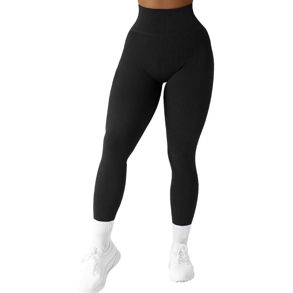 Amazon Women Ribbed Seamless Leggings High Waisted Workout Gym Yoga Black Size L
